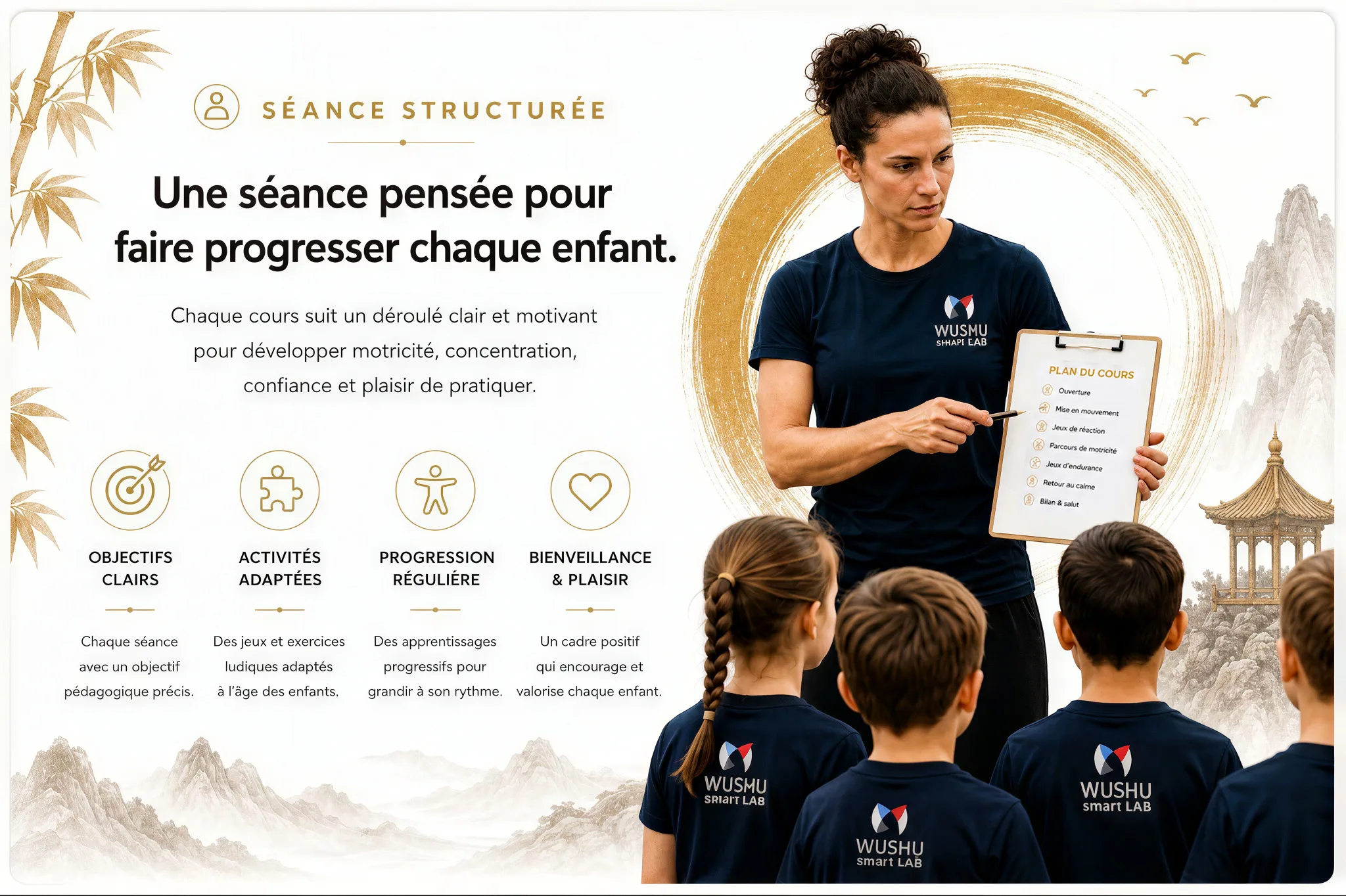 Le professeur présente le plan de séance aux jeunes pratiquants de Baby Kung Fu