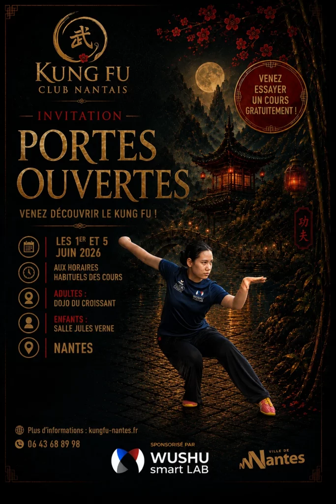 Affiche des portes ouvertes du Kung Fu Club Nantais les 1er et 5 juin 2026 — invitation à découvrir les cours d'arts martiaux chinois pour enfants et adultes à Nantes