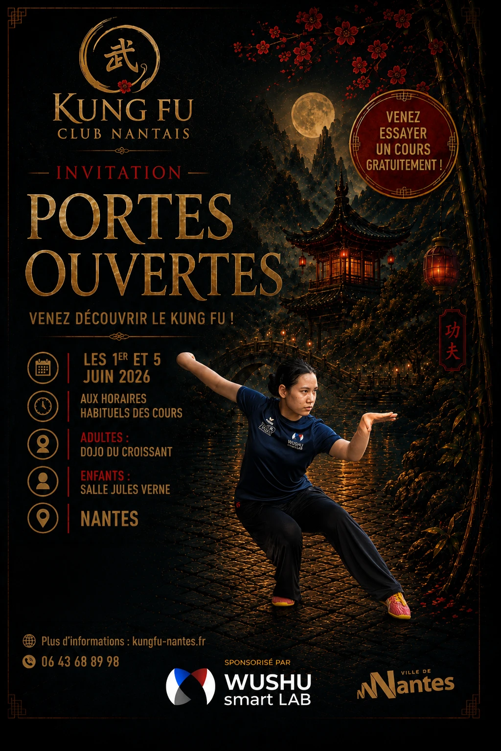 Affiche portes ouvertes Kung Fu Club Nantais — 1er et 5 juin 2026
