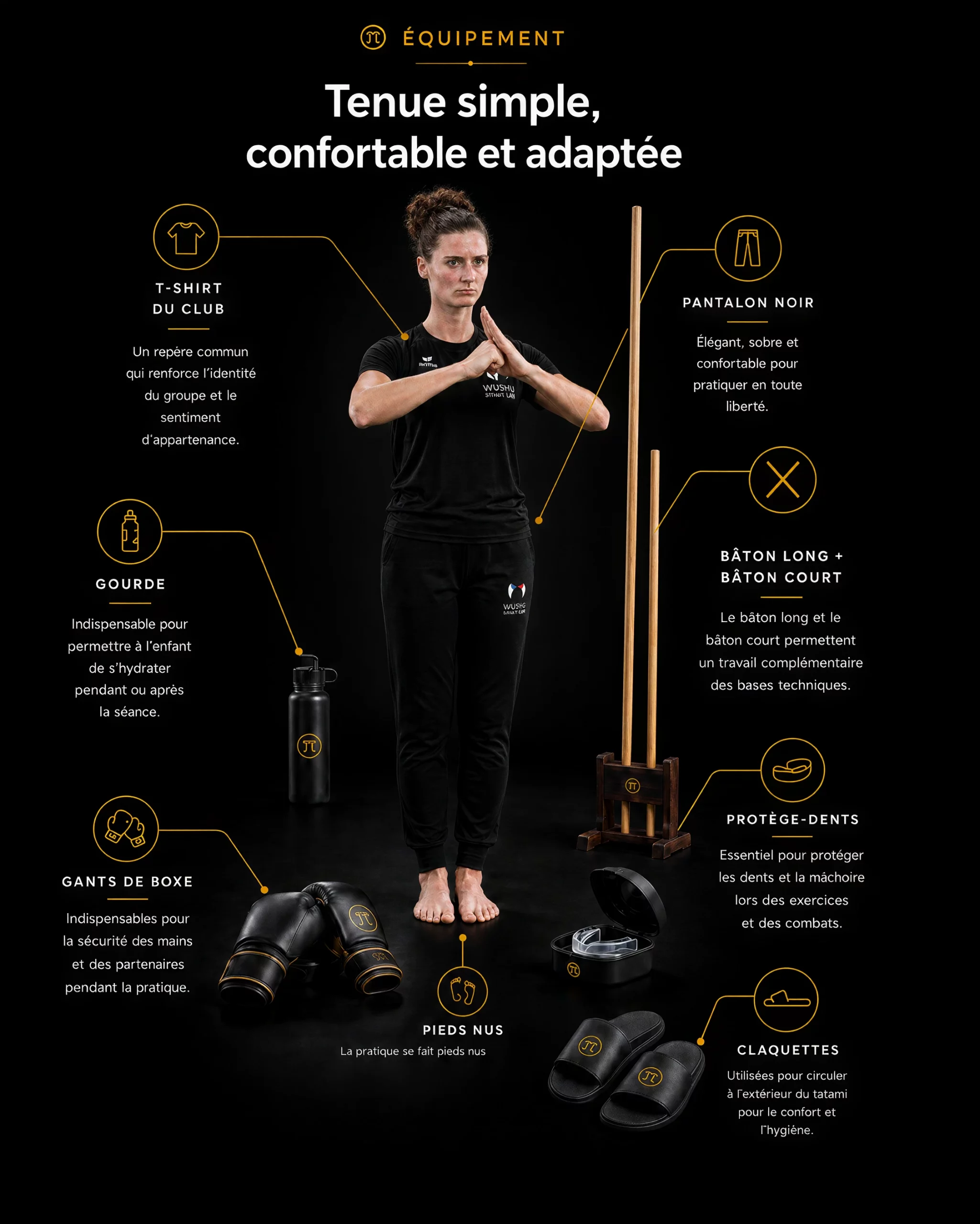 Équipement complet du pratiquant adulte au Kung Fu Club Nantais : T-shirt du club, pantalon noir, gourde, gants de boxe, protège-dents, claquettes, bâton long et bâton court