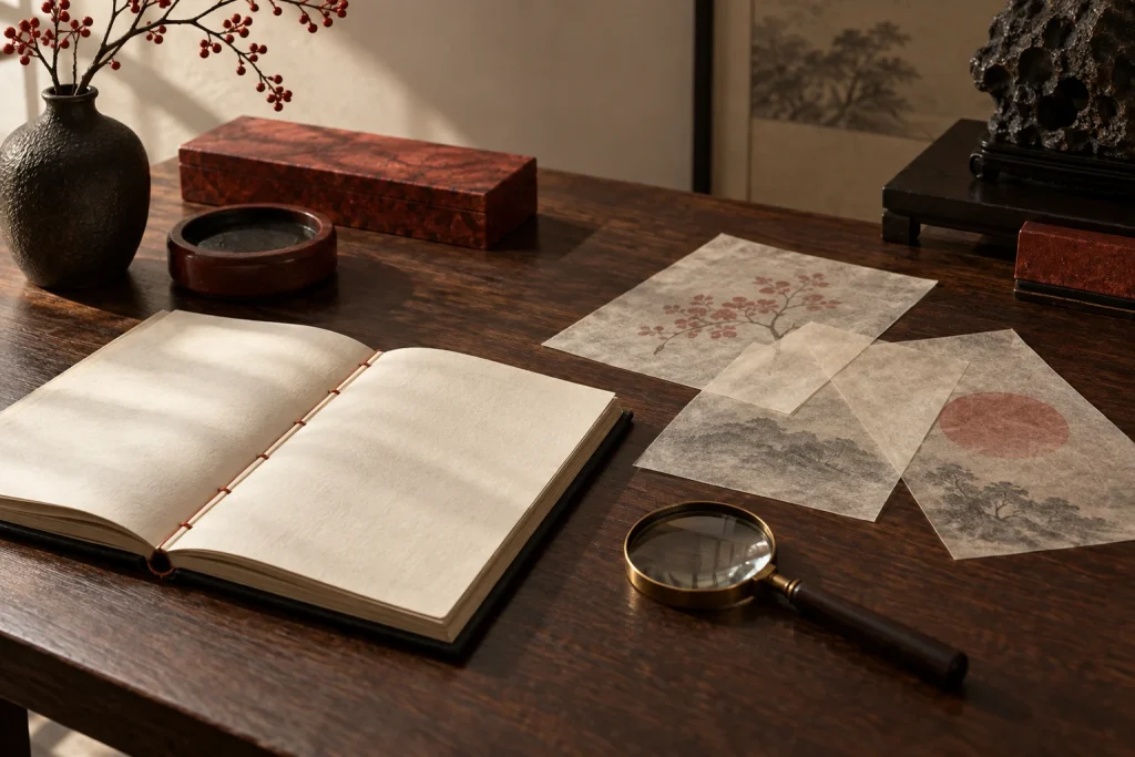 Livre ouvert, loupe et feuilles superposées pour confronter les récits et leurs sources.