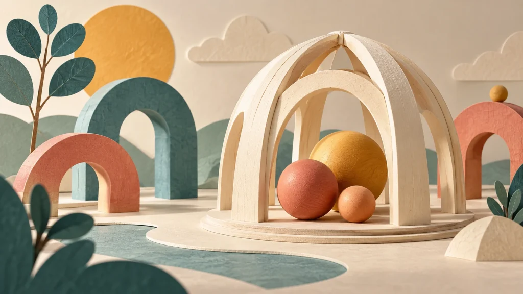 Une structure de bois clair abrite des sphères colorées, évocation du soutien et de la protection.