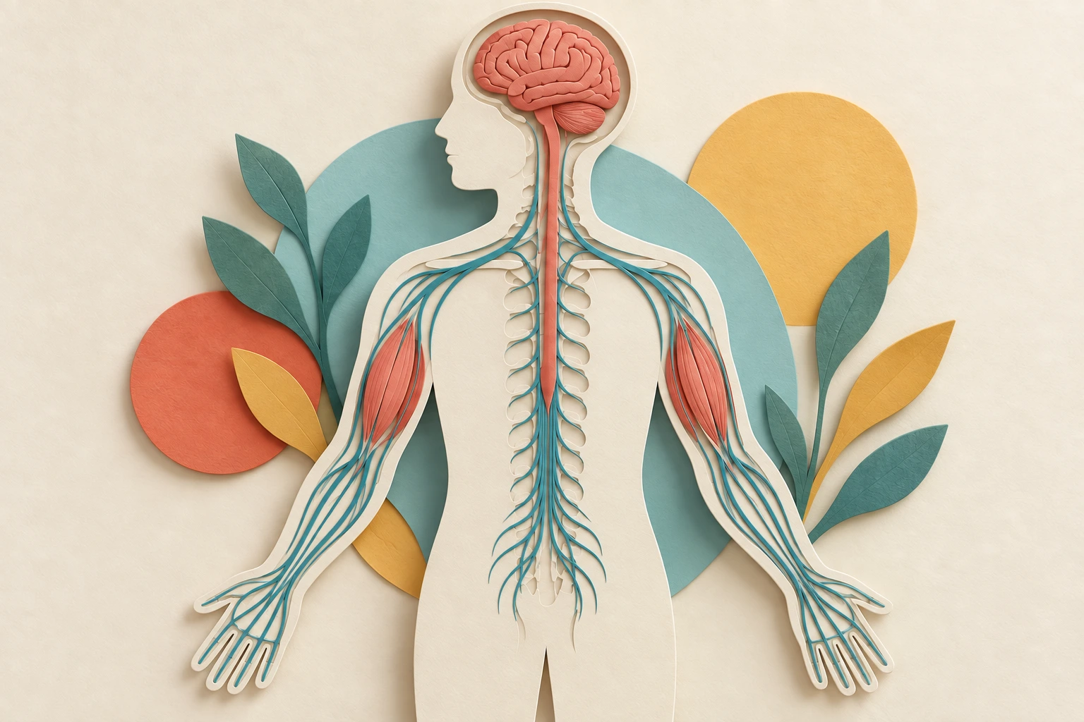 En corail, le cerveau, la moelle épinière et quelques muscles ; en bleu-vert, des nerfs. Les nerfs conduisent différents types de signaux. Ce dessin simplifié montre des relations, pas toutes les connexions du système nerveux.