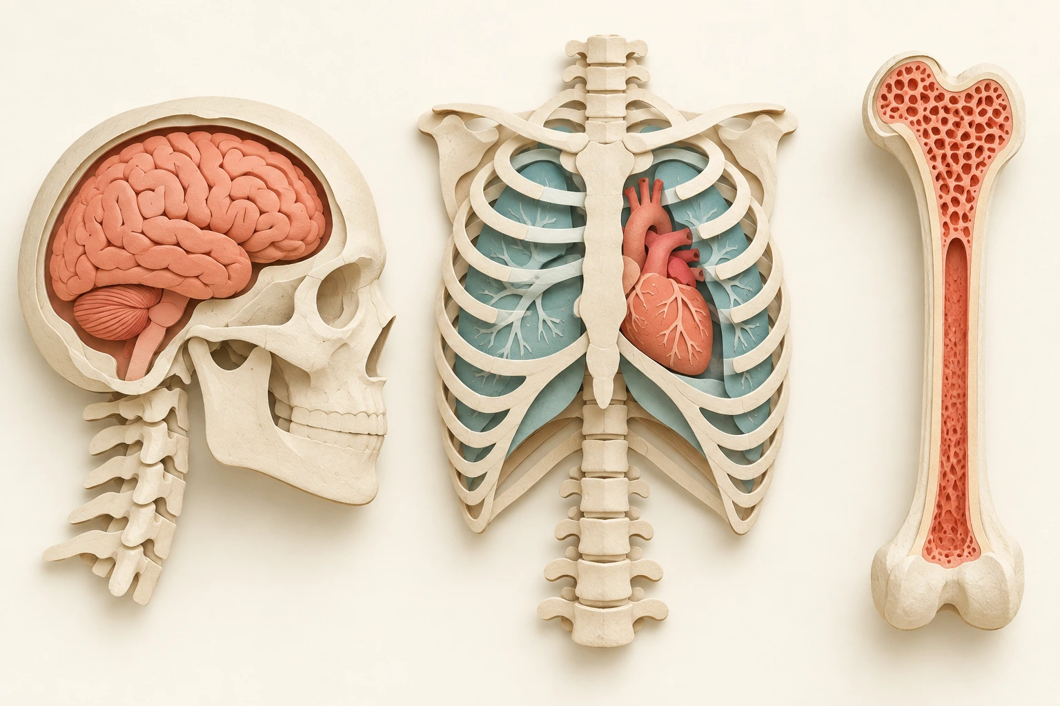 À gauche, le crâne entoure le cerveau. Au centre, la cage thoracique participe à la protection du cœur et des poumons. À droite, une coupe simplifiée d’un os montre qu’il possède aussi une structure intérieure. Les trois vues ne sont pas à la même échelle.