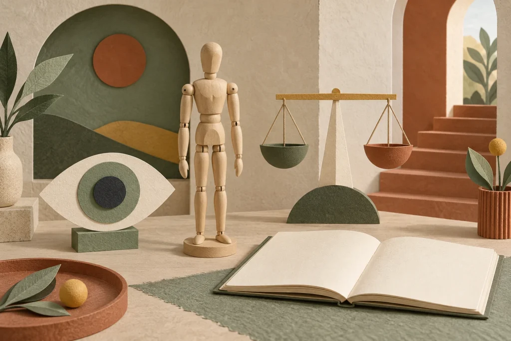 Un mannequin en bois, un œil en papier et un carnet pour observer le mouvement.