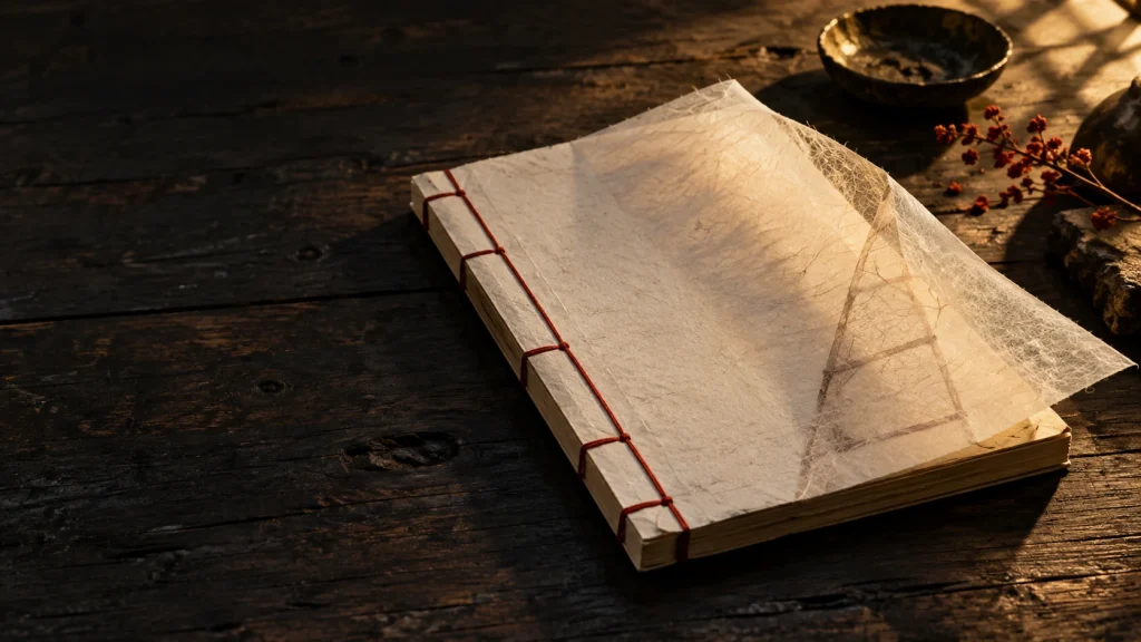 Livre relié partiellement voilé de papier, évocation du travail sur les sources et les mythes martiaux.