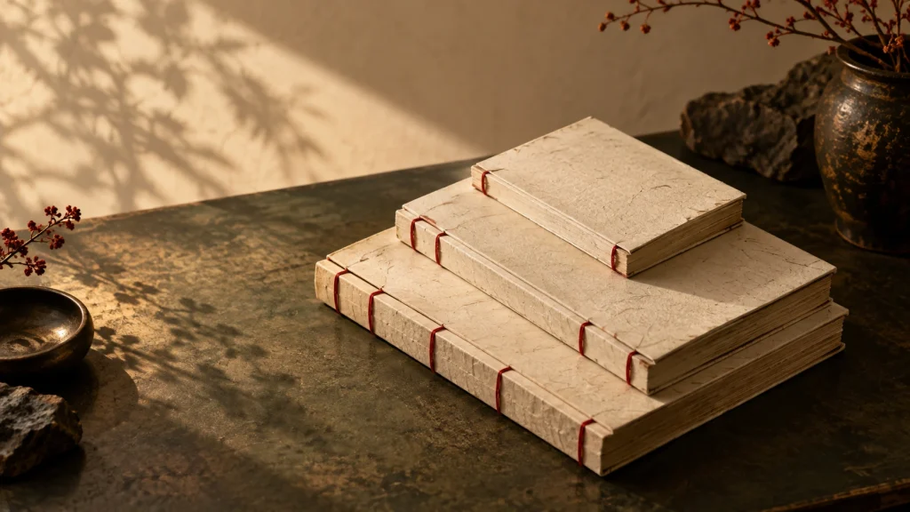Trois livres aux couvertures sobres, évocation de l’œuvre écrite de Sun Lutang.