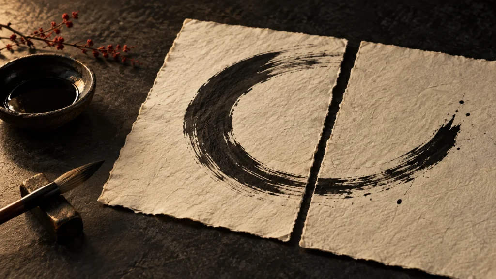 Un trait d’encre traverse deux feuilles de papier, évocation des liens entre pratique et pensée.