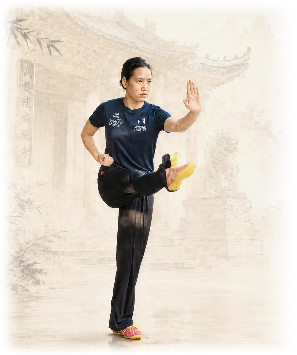 Compétitrice du Kung Fu Club Nantais en posture de la grue, devant un temple chinois dessiné à l'encre